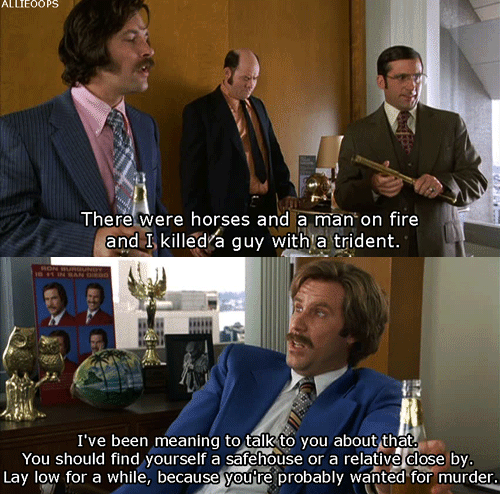 Ron-Burgandy-Tells-Brick-Tamland-Hes-Probably-Wanted-For-Murder-After-The-Anchorman-Rumble-with-Grenades-Tridents.gif